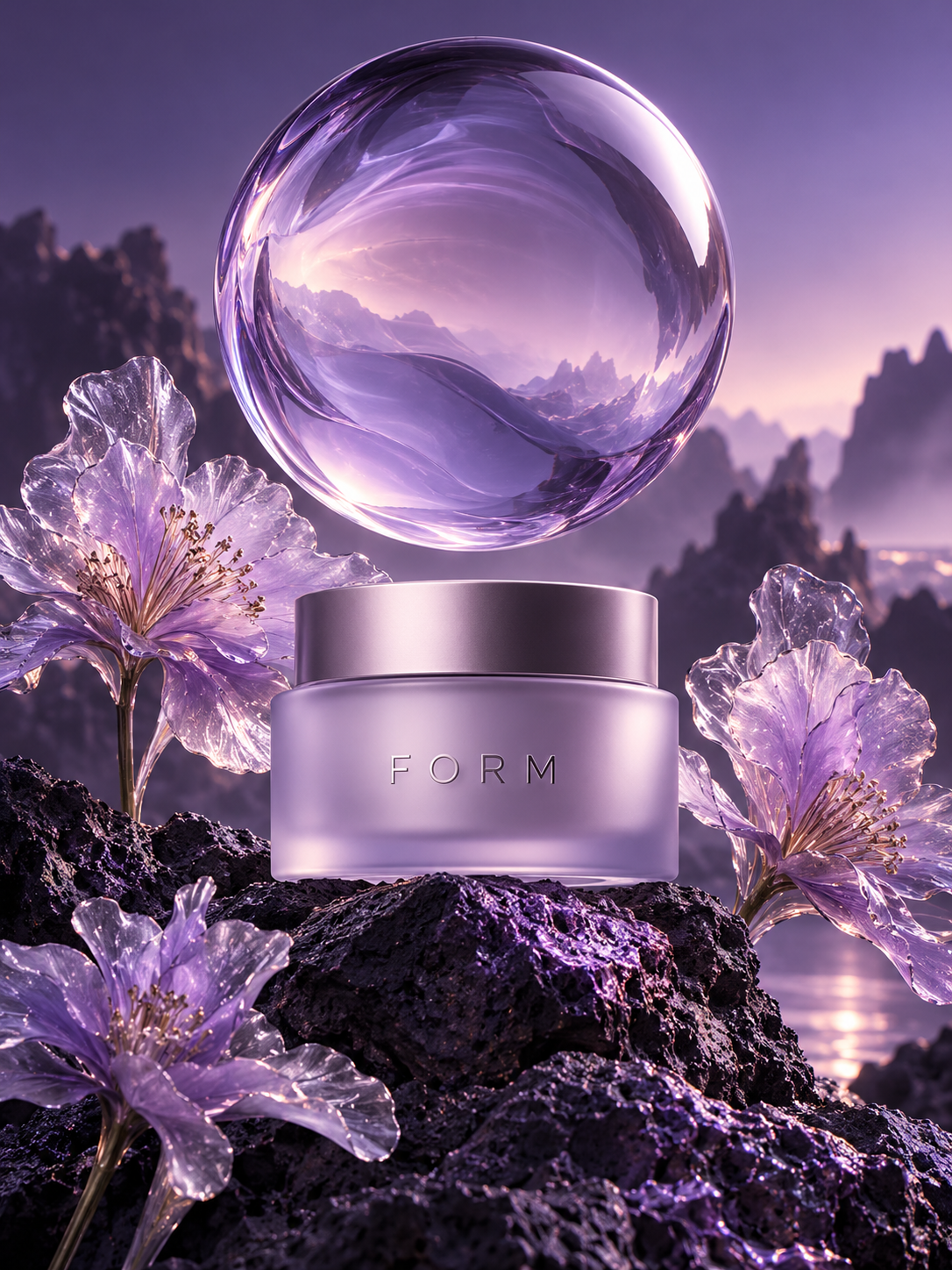 Lavender FORM skincare jar with a floating glass sphere